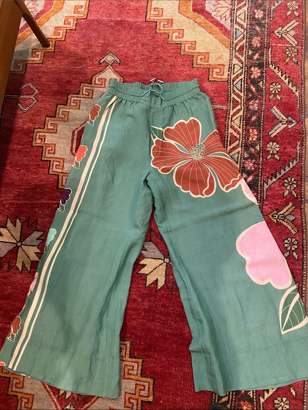 FARM Rio Teal Green Wide-Leg Floral Pants